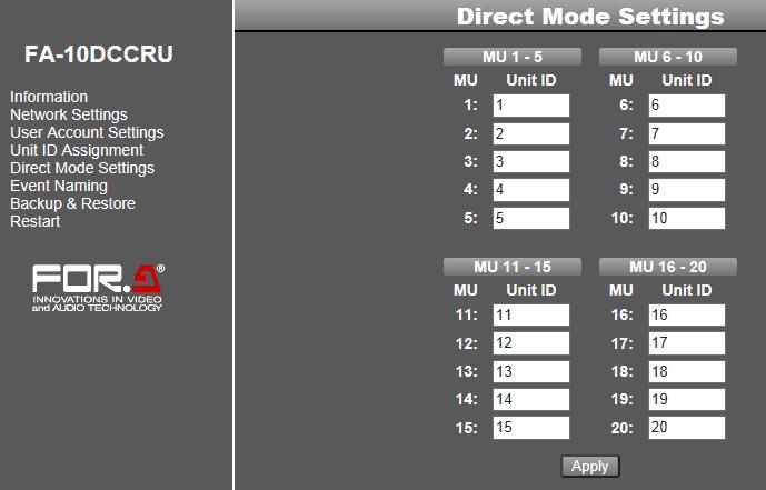 5-3-5. Direct Mode Settings Click Direct Mode Settings in the left pane to display the Direct Mode Settings page.