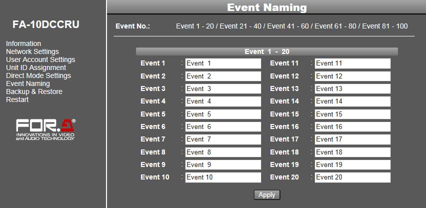 5-3-6. Event Naming Click Event Naming in the left pane to display the Event Naming page. This page allows you to assign names to events. The default names are Event 1 to Event 100.