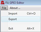 10-2-8. Exporting GPI Settings to Files GPI settings can be backed up to and loaded from files in the computer. Select File > Export in the menu bar.