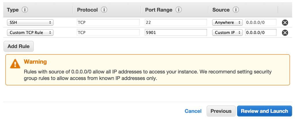 8.2. Notice an SSH rule is already defined. Click the Add Rule button and add a Custom TCP Rule for port 5901 with Custom IP equal to 0.