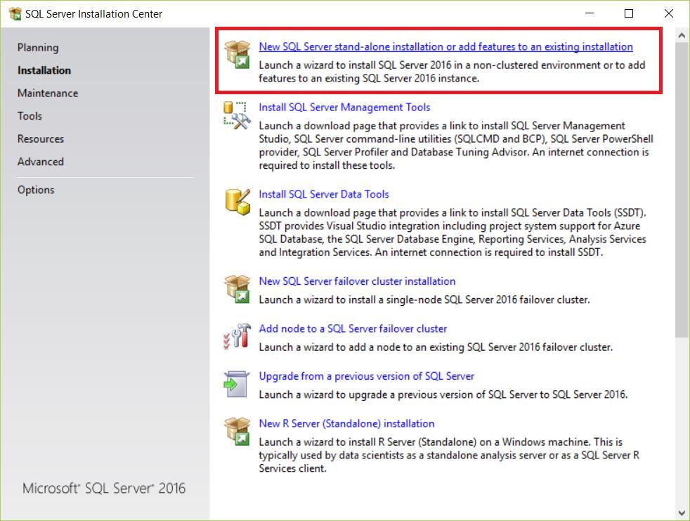 Installation Select the New SQL Server