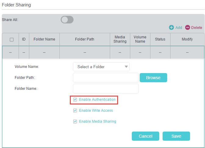 Chapter 7 USB Settings 2. Enable Authentication to apply the account you just set. If you leave Share All enabled, click the button to enable Authentication for all folders.