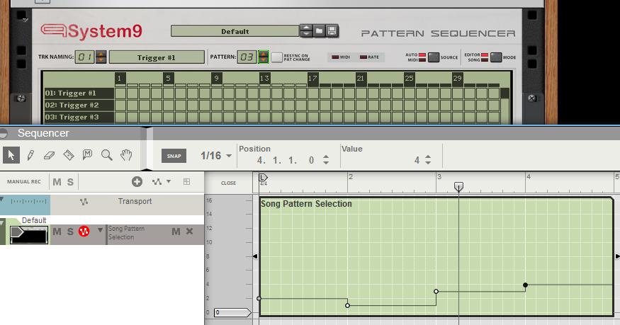 2. MIDI Source: Under MIDI Mode the device will use MIDI key events to trigger patterns. White keys from C3 (36) to D5 (62) will trigger patterns from 1-16 respectively.