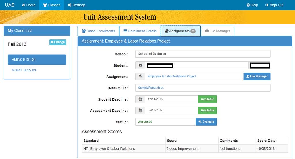 The Classes Tab - Assignments After selecting a student name from the class enrollment