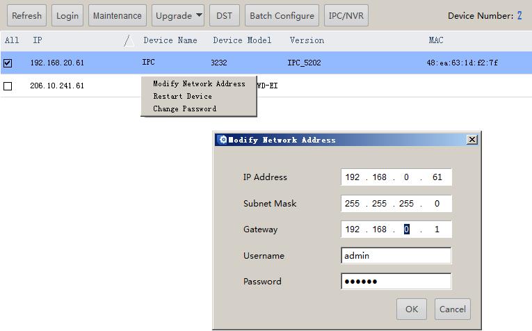 Configuring a Device Modifying the Device Address To modify the address of a device, including the IP address, subnet mask or default gateway, perform the following steps: Modify a single device