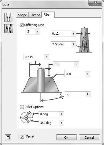 Additional Modeling Tools 13. Click the Ribs tab and check the Stiffening Ribs option. 14.