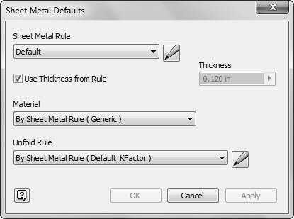 Sheet Metal Modeling Chapter 6: Sheet Metal Modeling Metal Defaults dialog appears.
