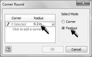 Click OK to create the bend feature. 5. Click OK to apply the rounds. 9. Hide the work plane. Applying a corner round 1.