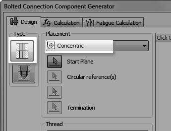 On the ribbon, click Design > Fasten > Bolt Connection. 6.