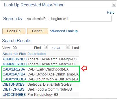 Step 9: The Look Up Major/Minor pop-up window lists all the academic program options (i.e. majors and minors) with their Academic Plan codes for the College you previously selected.