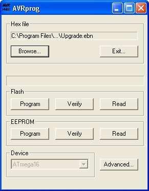 Figure 44. AVR Prog Click Browse button in Hex file window. Locate and select the Upgrade.