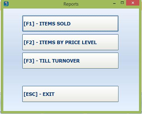 3. Reports.. F1: By Pressing F2 on the keyboard you will open the reports box.. F2: Here you can find your ITEMS SOLD for the current day on the current till only.