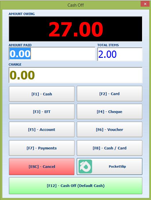 (1) : Cash Off F12 CASH OFF SCREEN: This is your cash off screen you can manually put in the amount of the sale then use the quick shortcuts F1, F2, F3, F4, F5, F6, F8, and F12.