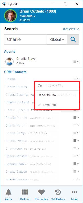 Search Page Actions After you Search for contacts using either CRM Entity, Agents or Global, etc.