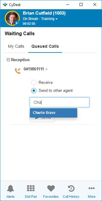 Queued Calls - Send to another agent If you re a Supervisor, you can send a call in a Queue to another Agent even if they re already busy with a call, or on a Break.