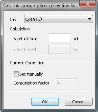 The correction factor is automatically calculated from the ink consumption information in the jobs during the observation period and the information about the spent ink in this dialog.