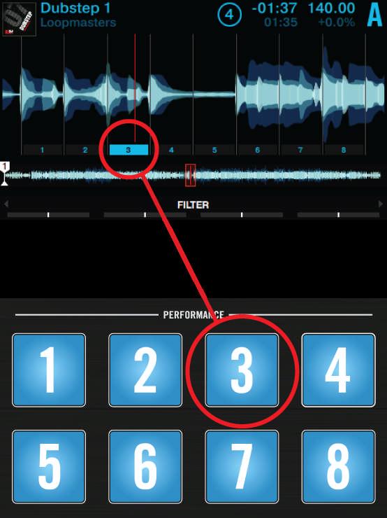 Hardware Reference The Deck In Freeze mode, the numbers 1-8 are overlaid on the waveform to indicate the location of the slices. The first row triggers slices 1-4, the second row triggers slices 5-8.