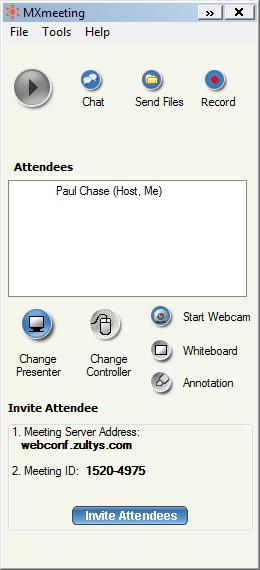 This screen displays the Attendees, the Meeting Server Address, and the Meeting ID. Meeting screen You can now invite attendees to join the meeting. To invite attendees: 8. Click Invite Attendees.
