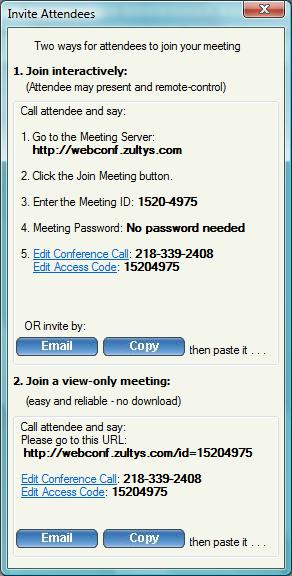 o the steps to the invitees or click Copy and paste the details to the attendees via online messaging tools.