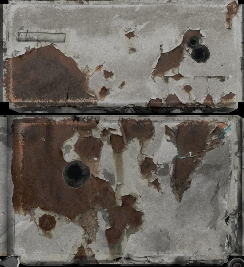 White thin old paint, scratched, showing off iron underneath A = Dark gray (showing off metal) Simplified Albedo texture Pure rust, A = Rusty