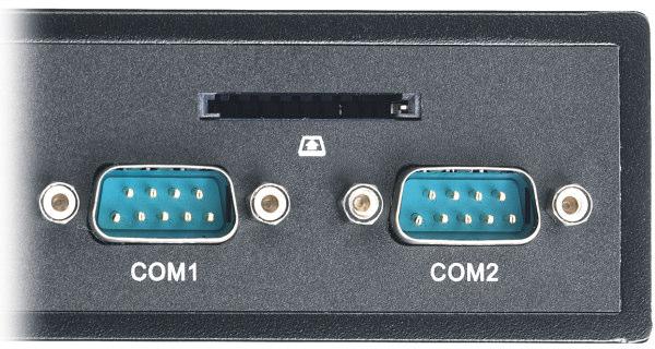 The Shuttle XPC slim System DS6800XA features two serial RS-232 ports which also support both 5 and 12V auxiliary voltage. The left COM port (COM1) also supports the RS422 and RS485 standard.