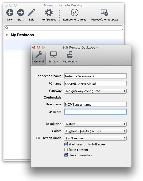 Click New, and then give your connection a name, enter in the name of the computer you re connecting to (not the Remote Desktop Gateway) in the PC name field, and enter your User name and password