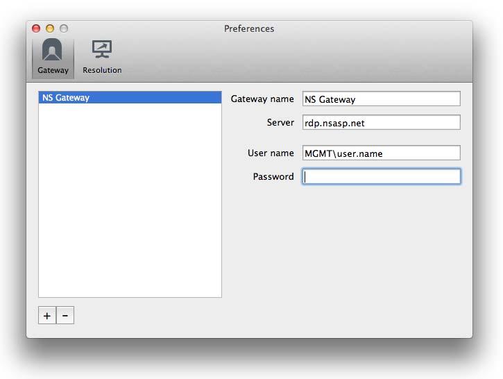 Click the plus symbol at the bottom left, and then give the gateway a friendly name, specify rdp.nsasp.