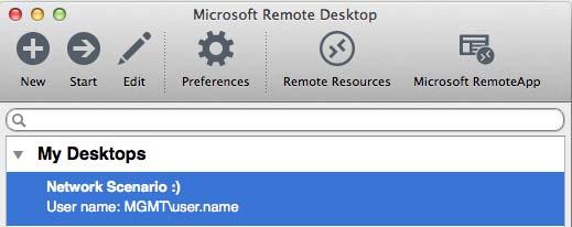 Use the drop down next to My Desktops to show your newly created RDP Configuration Figure 12 - Microsoft Remote Desktop Select the configuration, and click Start You may receive a messages similar to