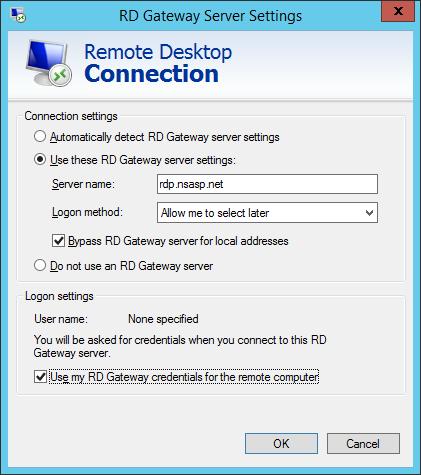 0 by default). Figure 2 - Advanced Use rdp.nsasp.net as the Server name.