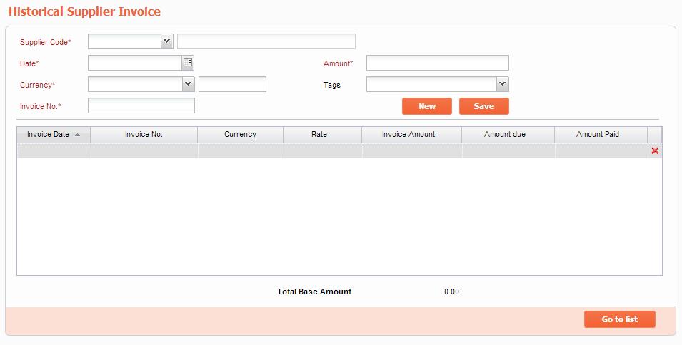 Creating or Editing a Historical Supplier Invoice Historical invoices screen is split into two sections: This upper section allows you enter the historical supplier invoice details.