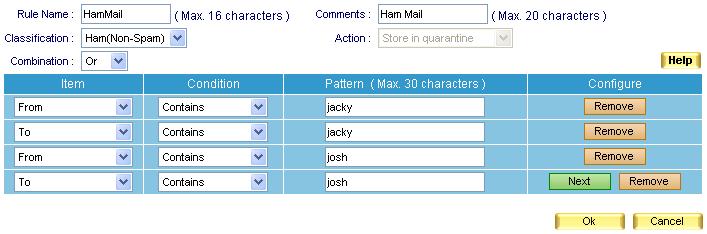 Click Next. In the second row, select To for Item, Contains for Condition and then type jacky as Pattern. Click Next.