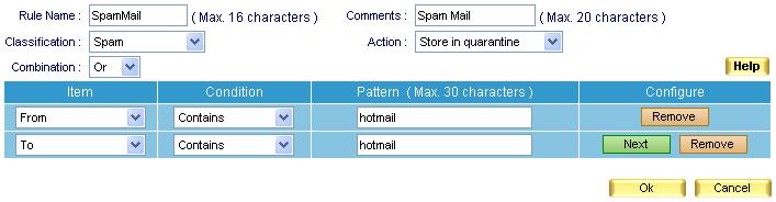 Click Next. In the second row, select To for Item, Contains for Condition, and then type hotmail as Pattern. (Figure 6-36) Click OK.