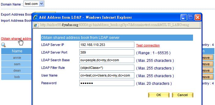Figure 4-44 Importing Contacts from a LDAP Server Figure 4-45 Contacts Imported from LDAP server Modify Address Book from LDAP Server: To add or modify Address books information: Click on New Entry