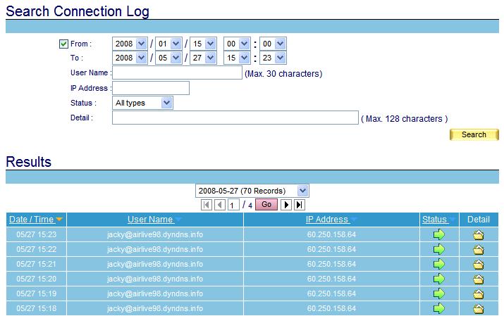 (Figure 4-71) Figure 4-71 POP3 / IMAP 2. Enable searching duration and assign a period of time. 3. Select All Types for status. 4. Click Search.