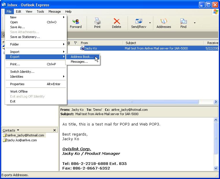 5.3 Importing Address Book from Outlook Express Step1. To export the address book from Outlook Express, follow these steps: On the File menu, point to Export, and then click Address Book.