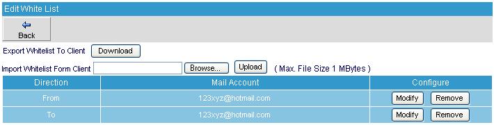 Click Preference in the Web Mail main screen, and then set as below: Click Edit White List. Click New Create a new entry of 123xyz@hotmail.com Select From for Direction.