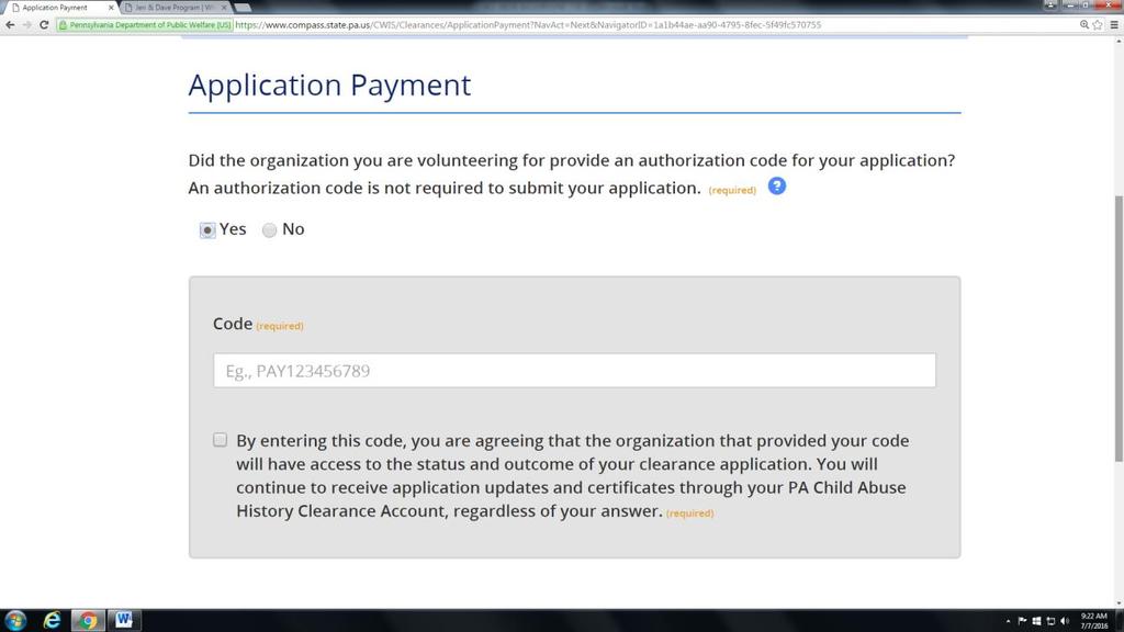 19) APPLICATION PAYMENT PAGE: You should now be on a page that looks like the below.