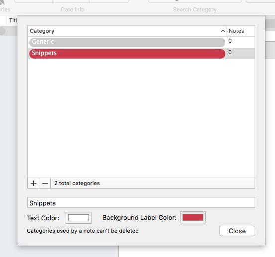 Create a new category and assign a new name to it Assign a color to the text and a color to the label using the Color Well Control and close the category panel.