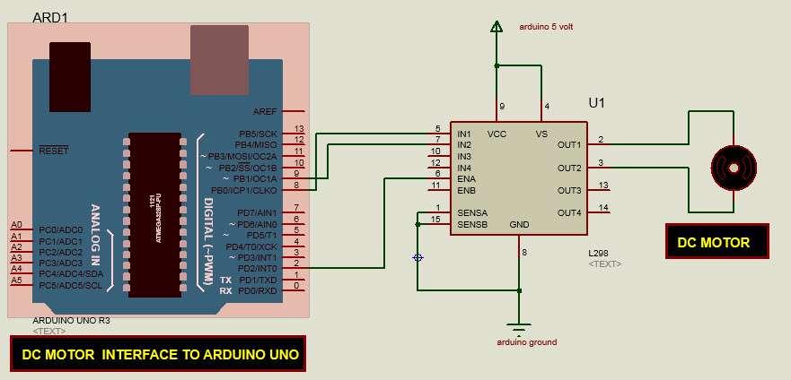 Procedure Following is the schematic diagram of the DC motor interface to Arduino Uno board. The above diagram shows how to connect the L298 IC to control two motors.
