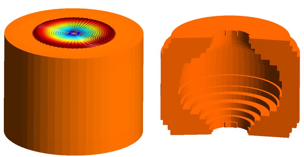 Figure 5: Topology optimization of the rubber device for a torsion load - Design domain (left) and final solution (right) with the load and the final optimized shape.