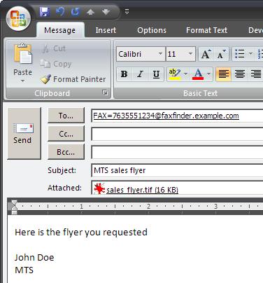 Send Fax from Email (T.37) When you wish to send an email as a fax, using the T.37 format in the To: field will take advantage of the FaxFinder from your Outlook email software.