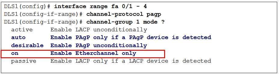 No PAgP or LACP negotiation EtherChannel on on on Forces port to channel without PAgP negotiation. Both ends must be on.