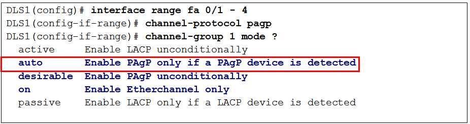 PAgP modes EtherChannel auto desirable An interface in auto mode can form an EtherChannel with another interface in desirable mode. Auto (default, passive) - Waits to be asked to form a channel.