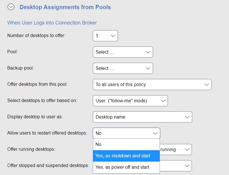 Chapter 4: Leostream Connect Policy Settings 3. Select an option from the Allow users to reset offered desktops drop-down menu, shown in the following figure.