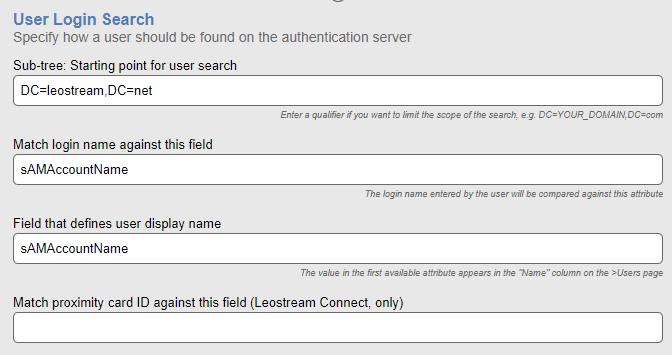 In the Edit Authentication Server form, scroll down to the User Login Search section. 4.