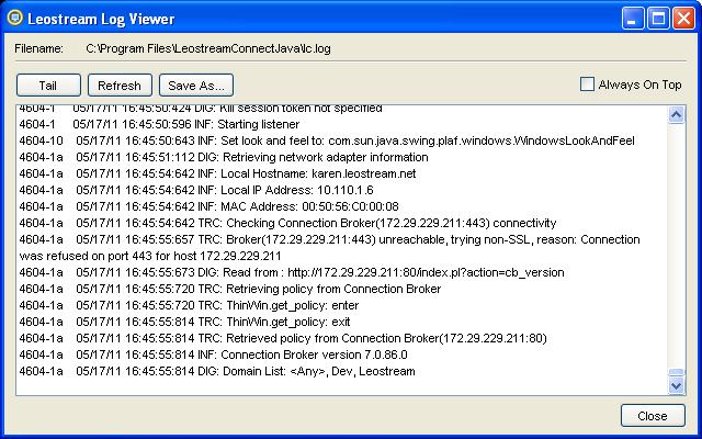 Chapter 7: Using the Java version of Leostream Connect Viewing Logs 2. In the Log Events dialog check the box before each type of event to log. 3. Click OK on the Log Events dialog.