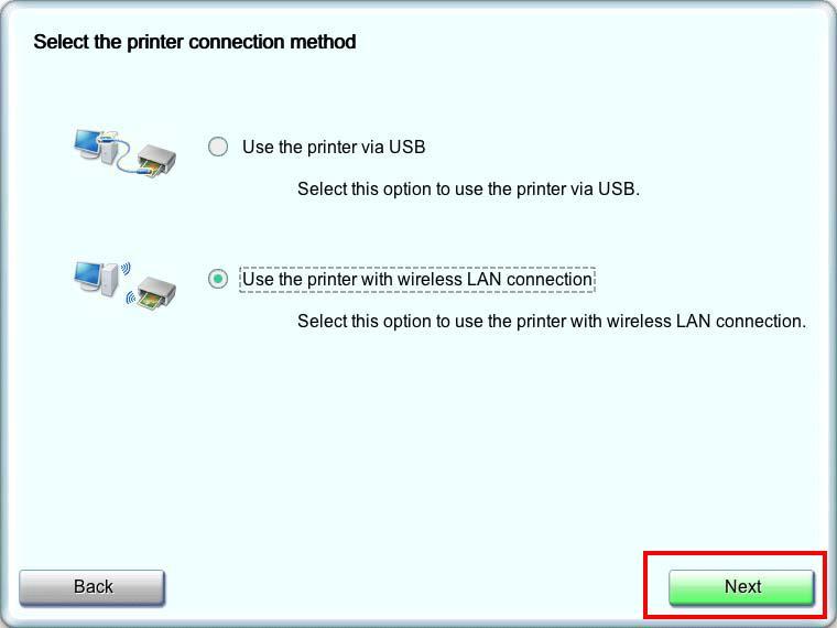 printer with wireless LAN connection, then click Next.