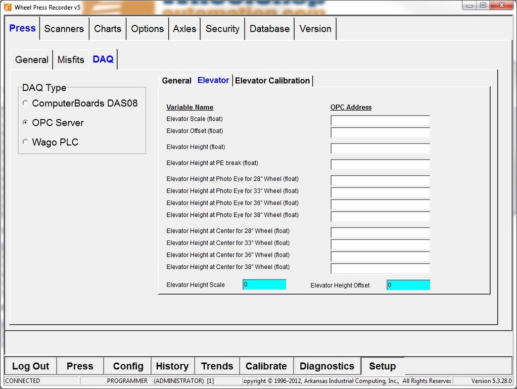Press Tab - DAQ - OPC Server 18 Elevator Calibration Tab - use this tab to Set the Elevator Height at the Photo
