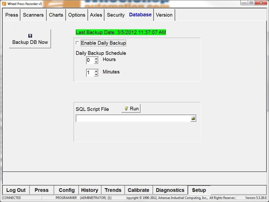 26 Database Tab 30 Database Tab Backup DB Now - Select this button to backup the Database immediately. Enable Daily Backup - When checked, the Daily Backup of the Database is enabled.