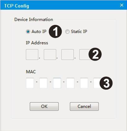 1. Select RS232 COM or TCP mode 2. Select RS232 COM port 3. Click to connect or disconnect PC with Matrix 4. Select Matrix IP 5. Connect to Matrix IP 6. Search Matrix IP 7.